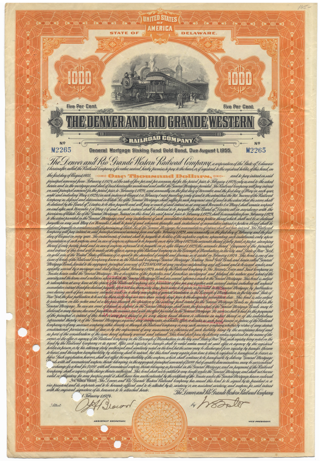 Denver and Rio Grande Western Railroad Company Bond Certificate