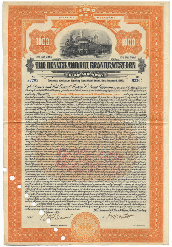 Denver and Rio Grande Western Railroad Company Bond Certificate