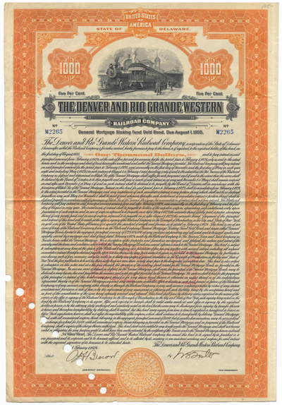 Denver and Rio Grande Western Railroad Company Bond Certificate