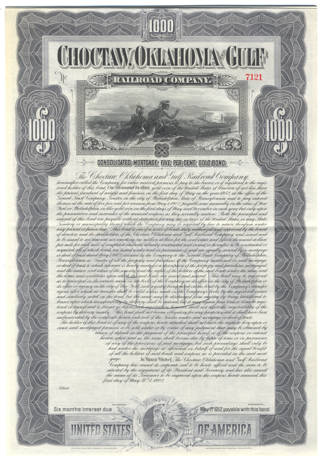 Choctaw, Oklahoma and Gulf Railroad Company Bond Certificate