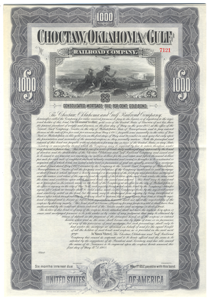 Choctaw, Oklahoma and Gulf Railroad Company Bond Certificate