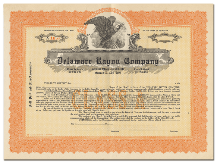 Delaware Rayon Company Stock Certificate