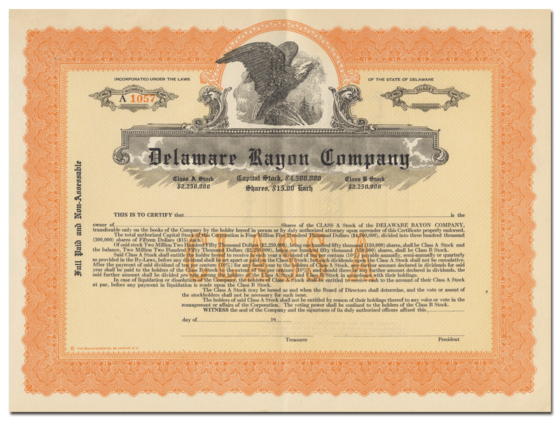 Delaware Rayon Company Stock Certificate