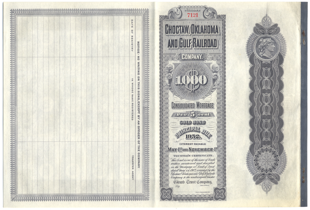 Choctaw, Oklahoma and Gulf Railroad Company Bond Certificate