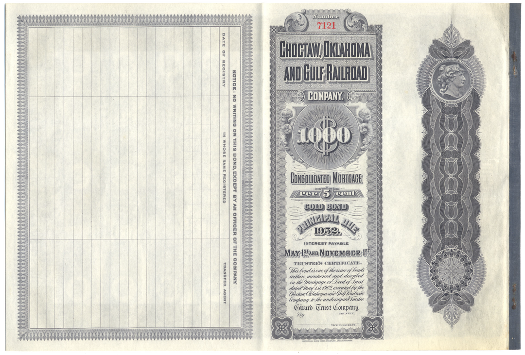 Choctaw, Oklahoma and Gulf Railroad Company Bond Certificate