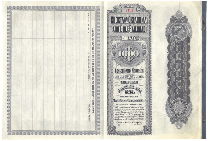 Choctaw, Oklahoma and Gulf Railroad Company Bond Certificate