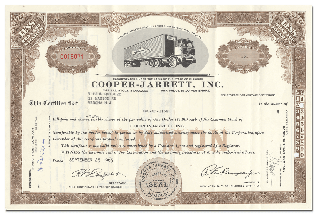 Cooper-Jarrett, Inc. Stock Certificate