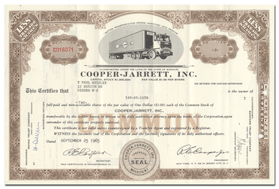 Cooper-Jarrett, Inc. Stock Certificate