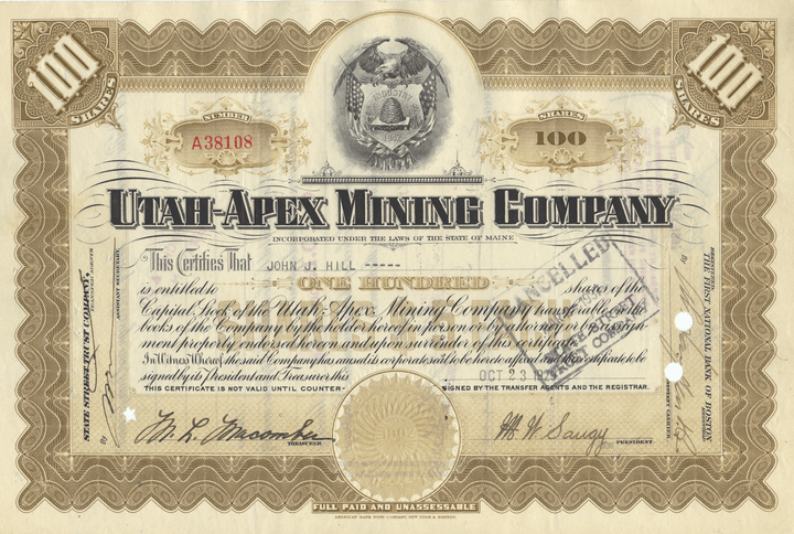 Utah-Apex Mining Company Stock Certificate