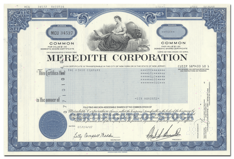 Meredith Corporation Stock Certificate
