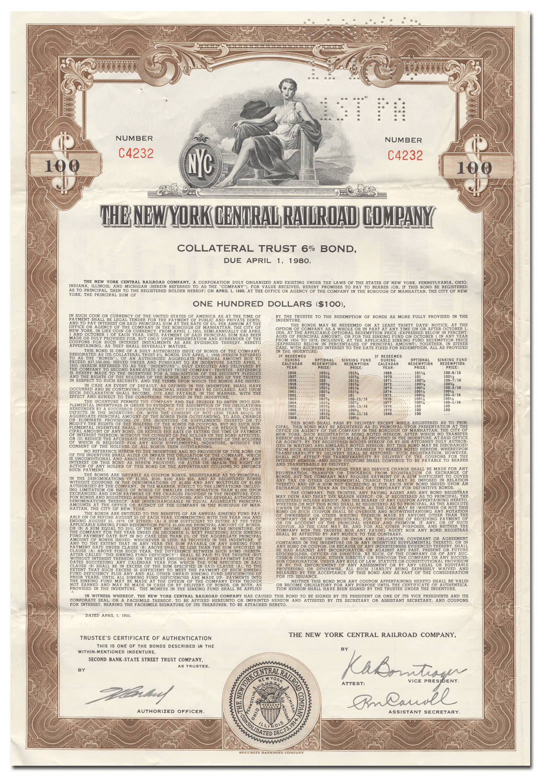 New York Central Railroad Company Bond Certificate