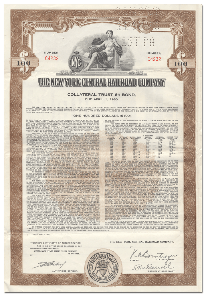 New York Central Railroad Company Bond Certificate