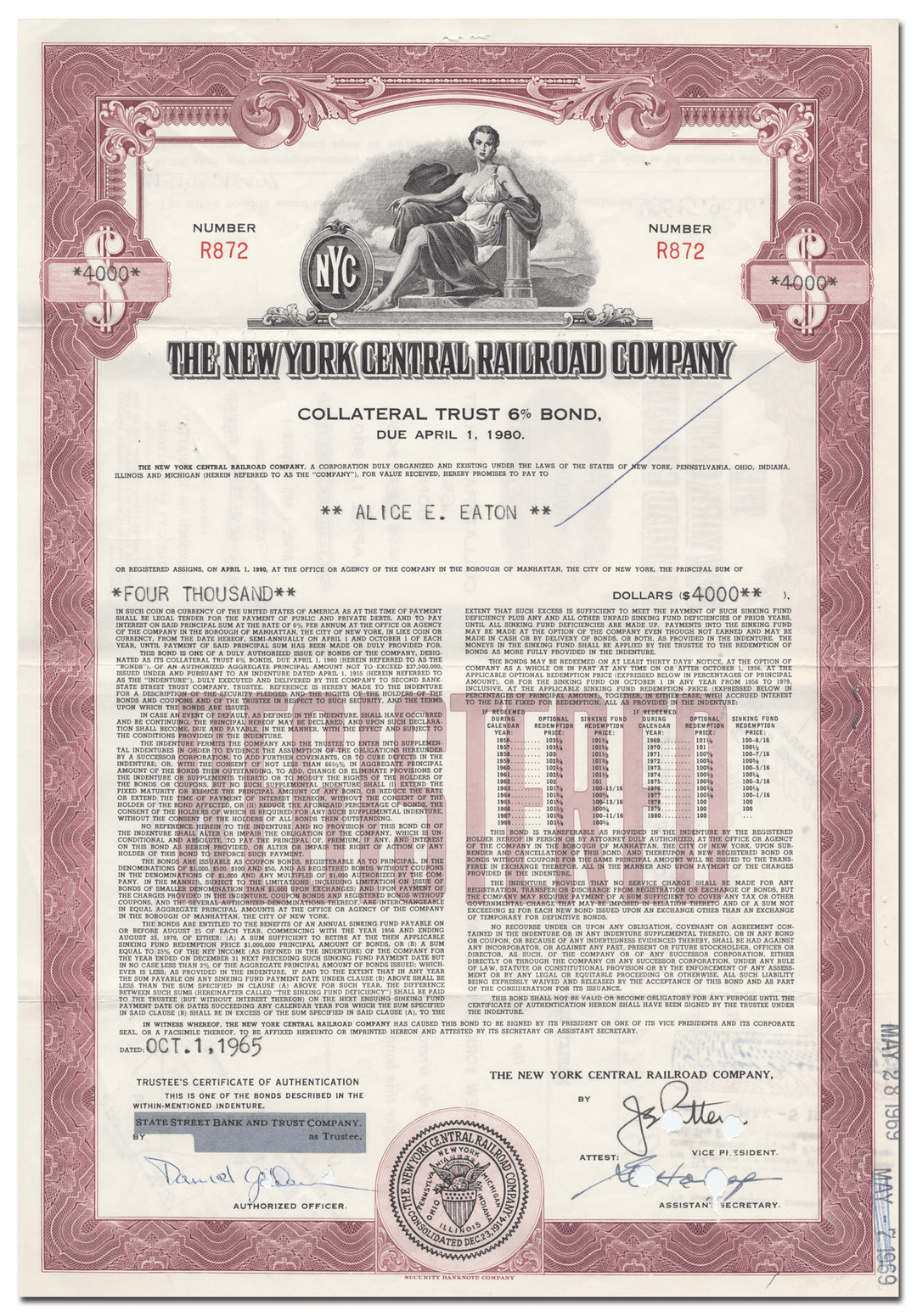 New York Central Railroad Company Bond Certificate