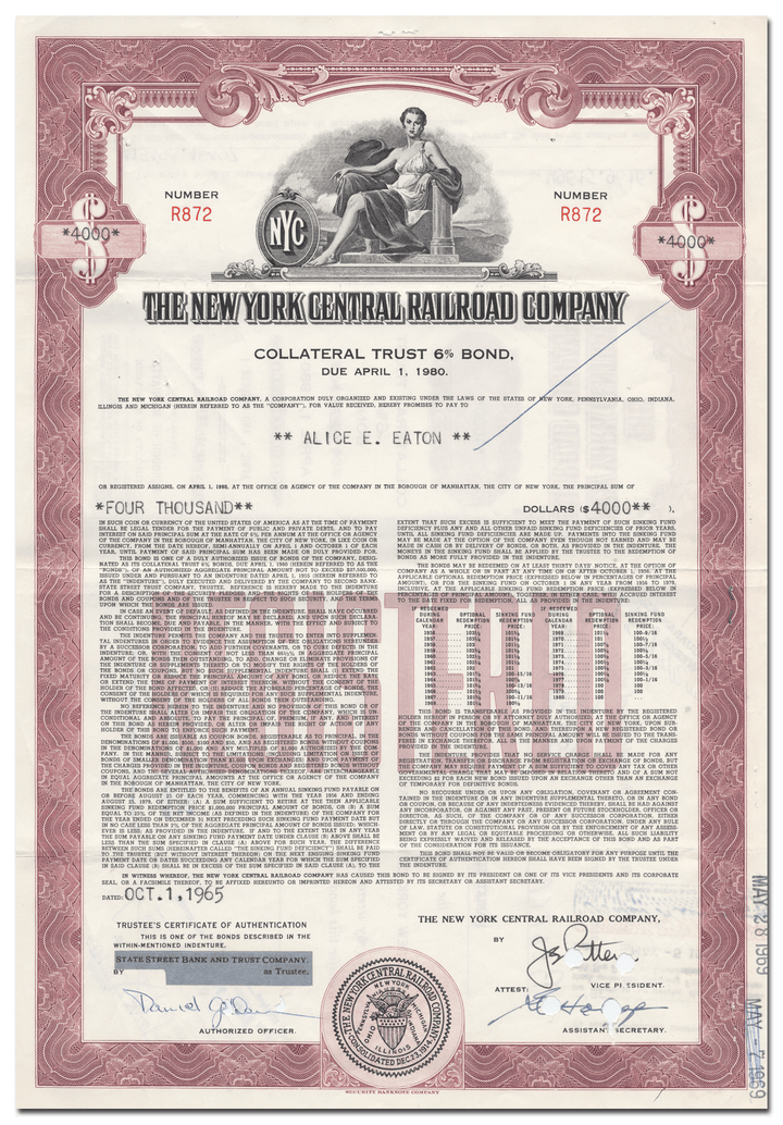 New York Central Railroad Company Bond Certificate