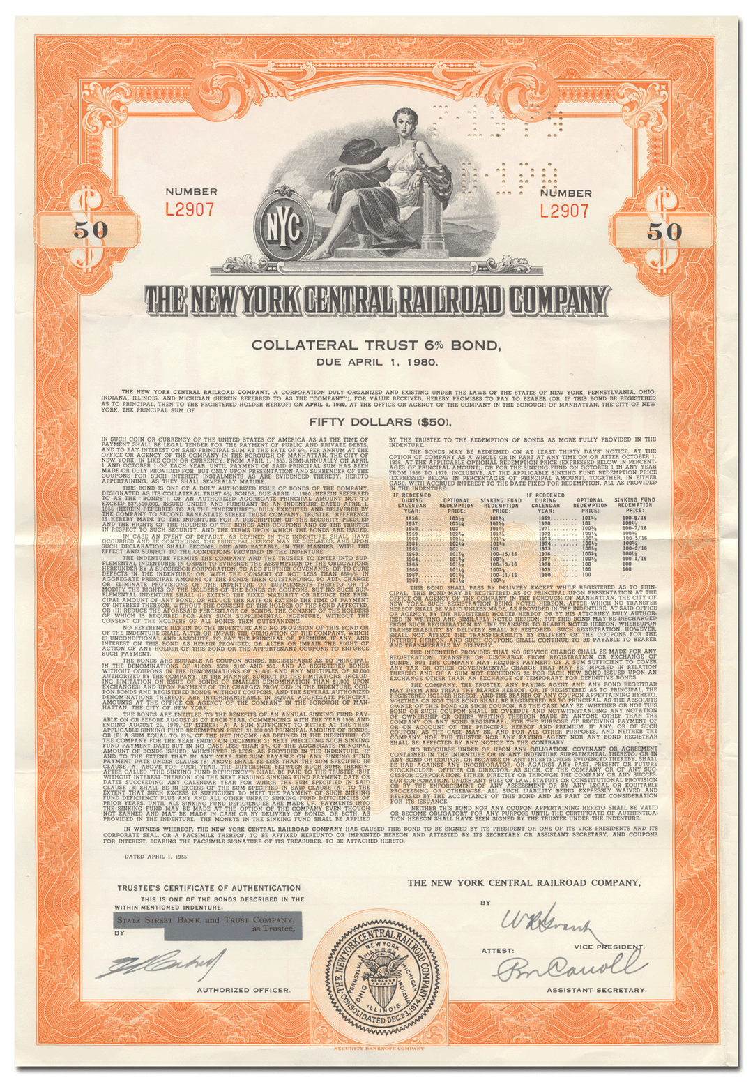 New York Central Railroad Company Bond Certificate