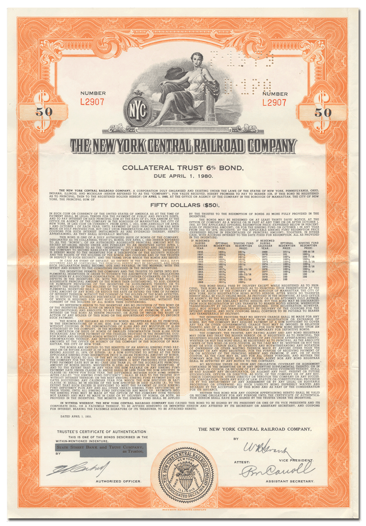 New York Central Railroad Company Bond Certificate