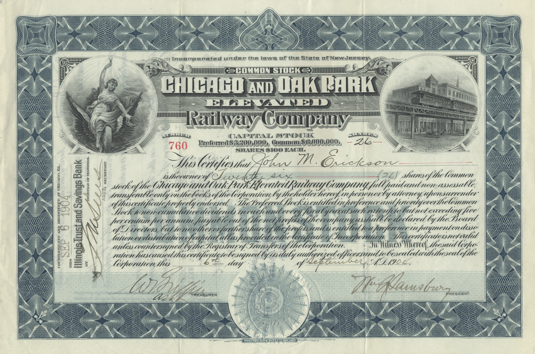 Chicago and Oak Park Elevated Railway Company Stock Certificate