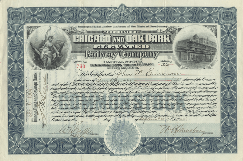 Chicago and Oak Park Elevated Railway Company Stock Certificate