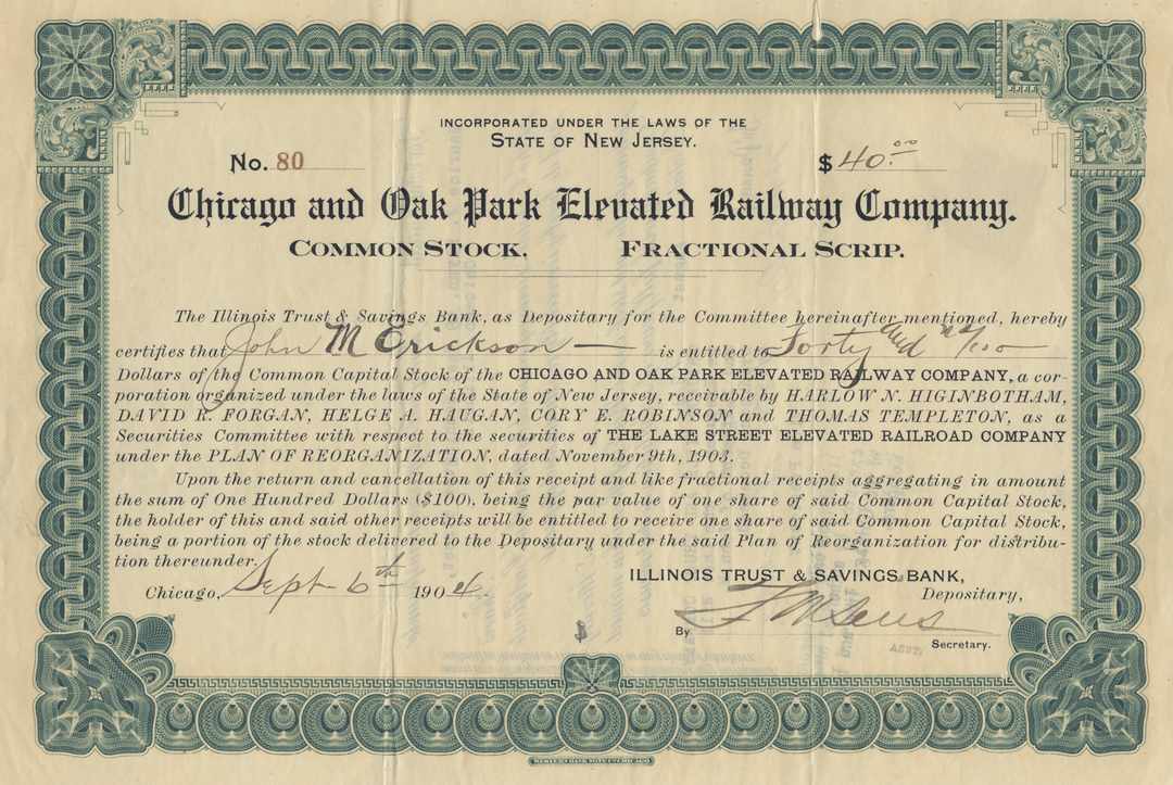 Chicago and Oak Park Elevated Railway Company Stock Certificate