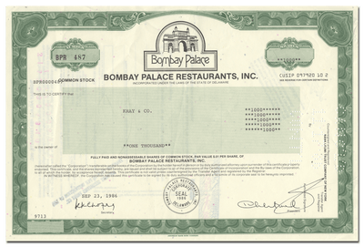 Bombay Palace Restaurants, Inc. Stock Certificate