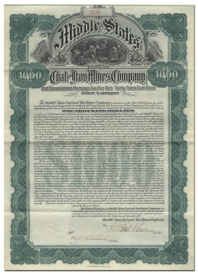 Middle States Coal and Iron Mines Company Bond Certificate