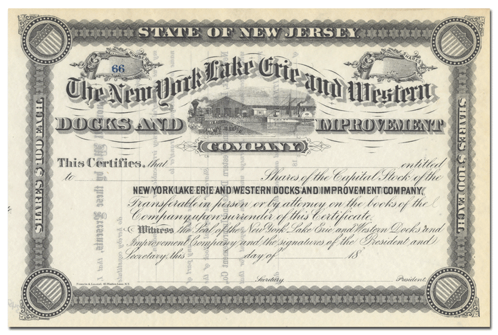 New York Lake Erie and Western Docks and Improvement Company Stock Certificate