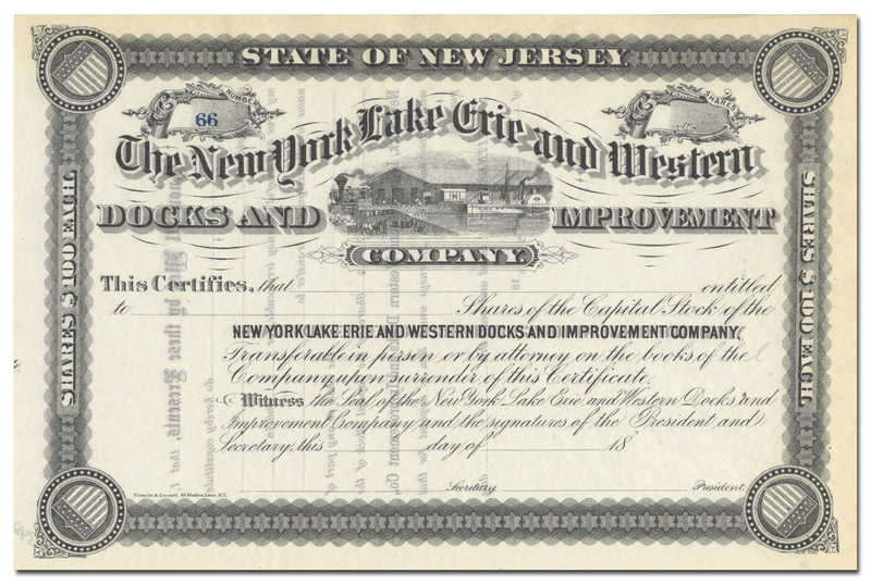New York Lake Erie and Western Docks and Improvement Company Stock Certificate
