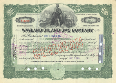 Wayland Oil and Gas Company Stock Certificate