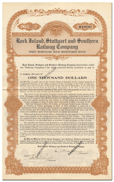 Rock Island, Stuttgart and Southern Railway Company Bond Certificate