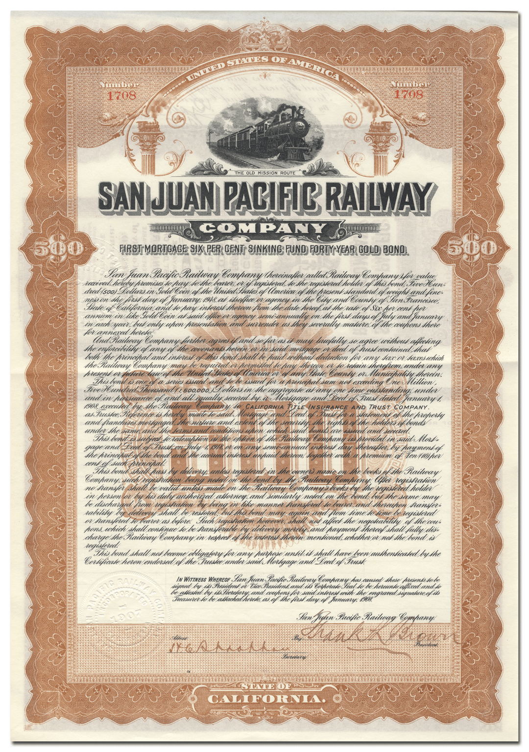 San Juan Pacific Railway Company Bond Certificate