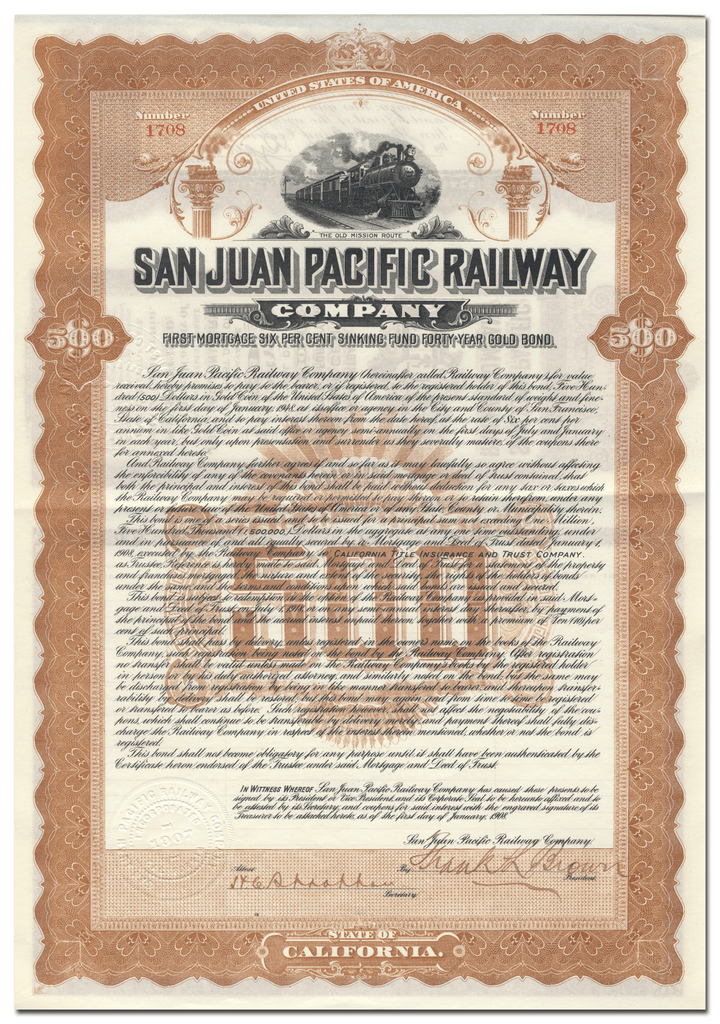 San Juan Pacific Railway Company Bond Certificate