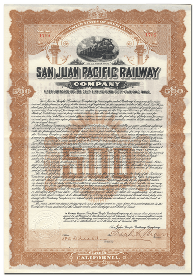 San Juan Pacific Railway Company Bond Certificate