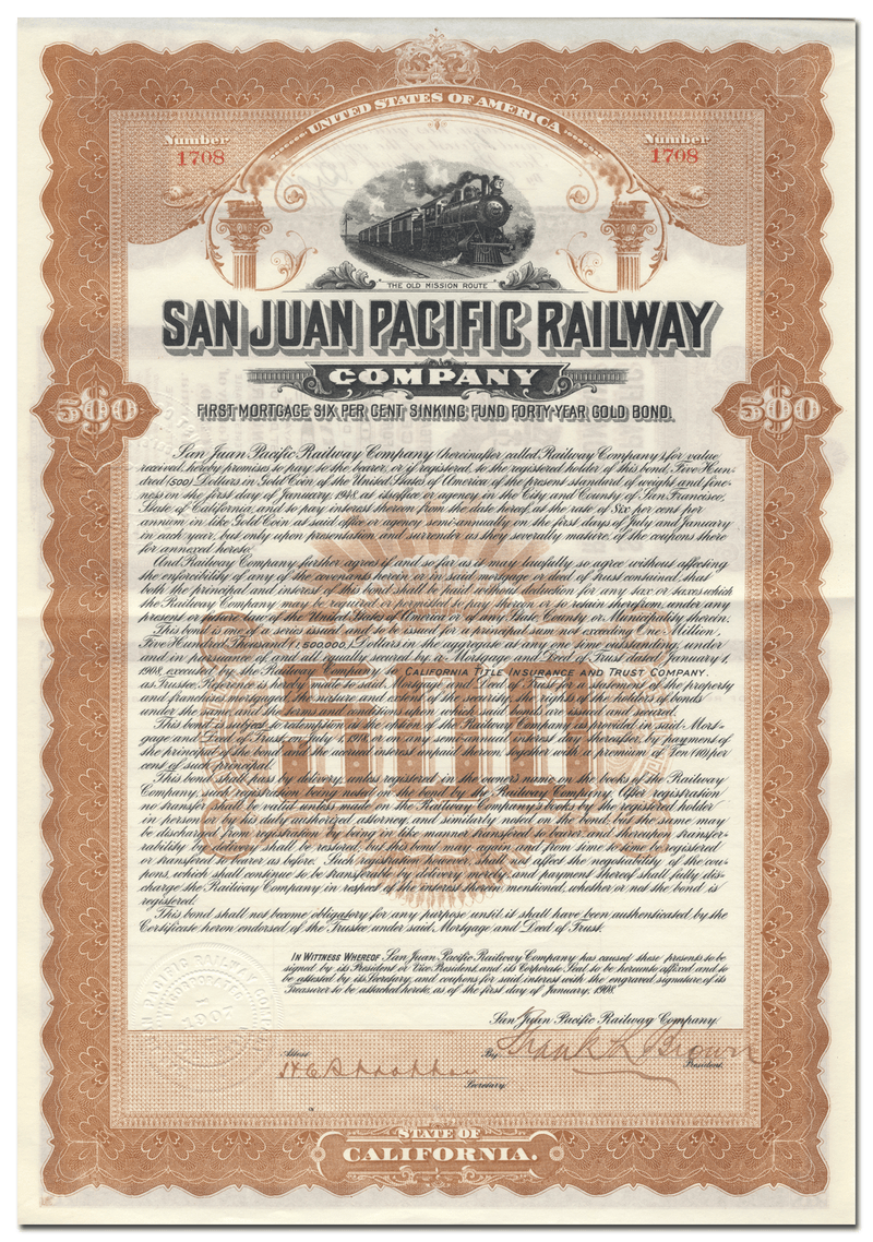 San Juan Pacific Railway Company Bond Certificate