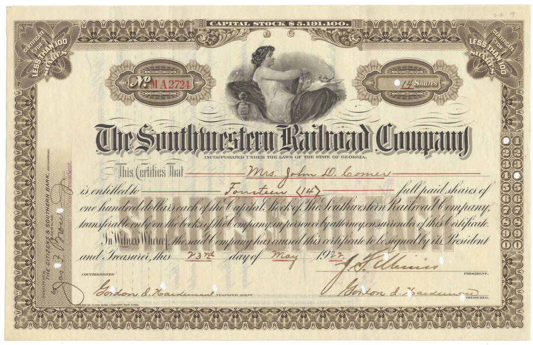 Southwestern Railroad Company Stock Certificate