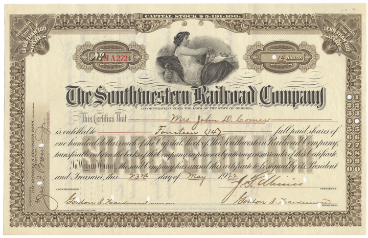 Southwestern Railroad Company Stock Certificate