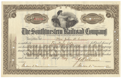 Southwestern Railroad Company Stock Certificate