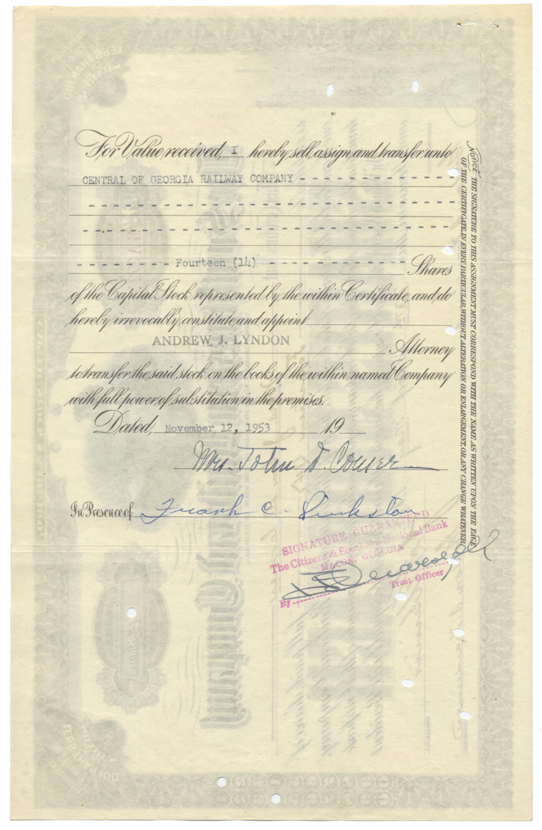 Southwestern Railroad Company Stock Certificate