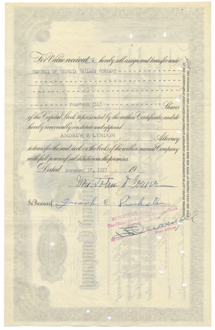 Southwestern Railroad Company Stock Certificate