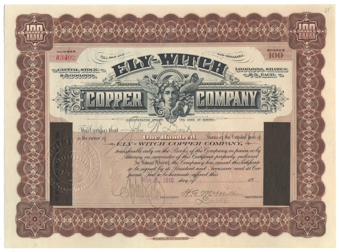 Ely-Witch Copper Company Stock Certificate