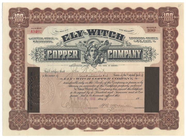 Ely-Witch Copper Company Stock Certificate