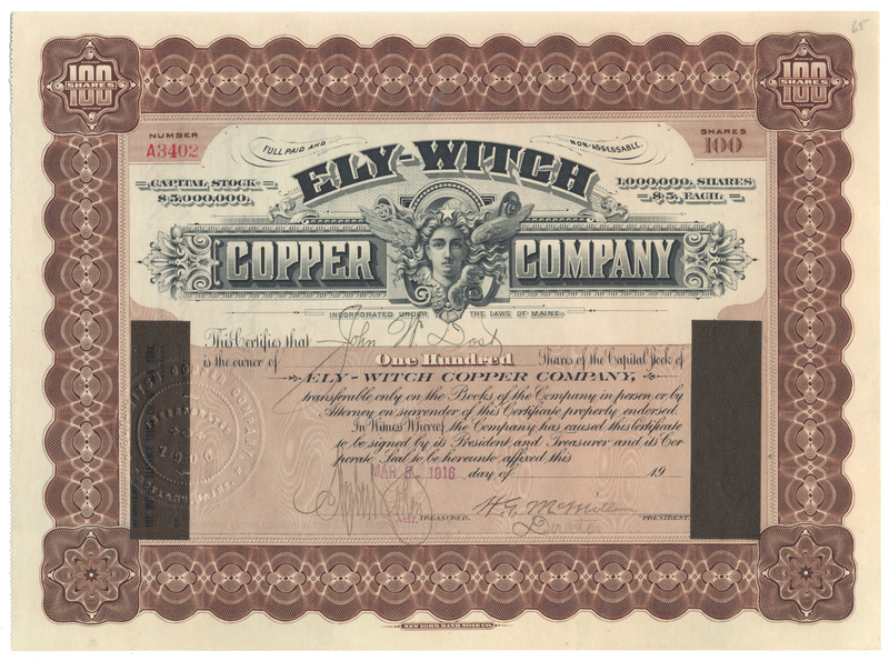Ely-Witch Copper Company Stock Certificate