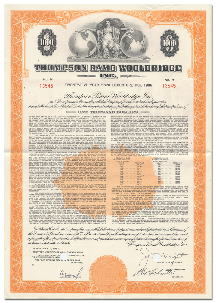 Thompson Ramo Wooldridge Inc. Bond Certificate