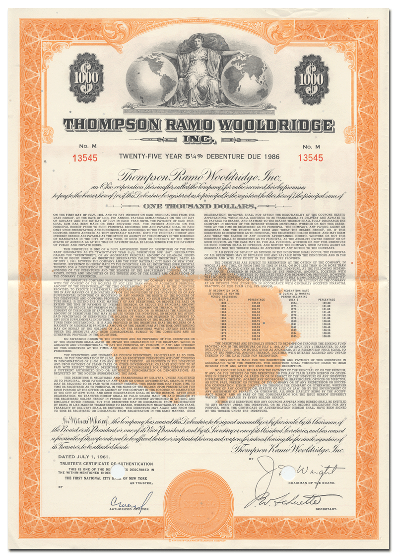 Thompson Ramo Wooldridge Inc. Bond Certificate