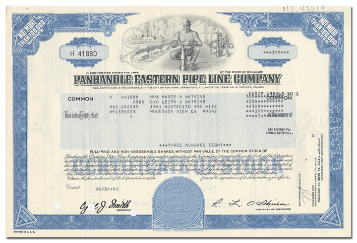 Panhandle Eastern Pipe Line Company Stock Certificate