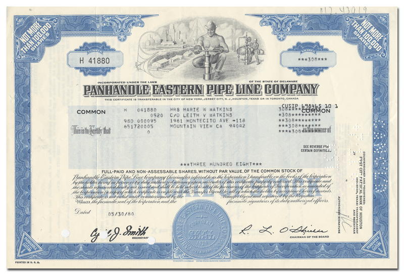Panhandle Eastern Pipe Line Company Stock Certificate