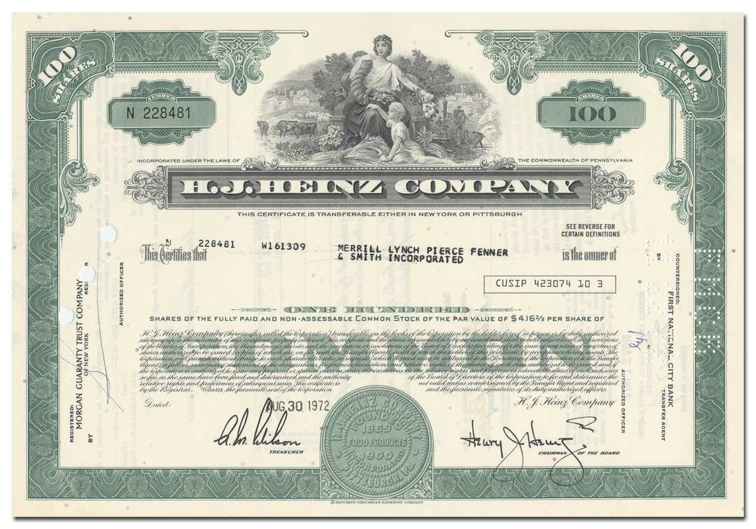 H. J. Heinz Company Stock Certificate