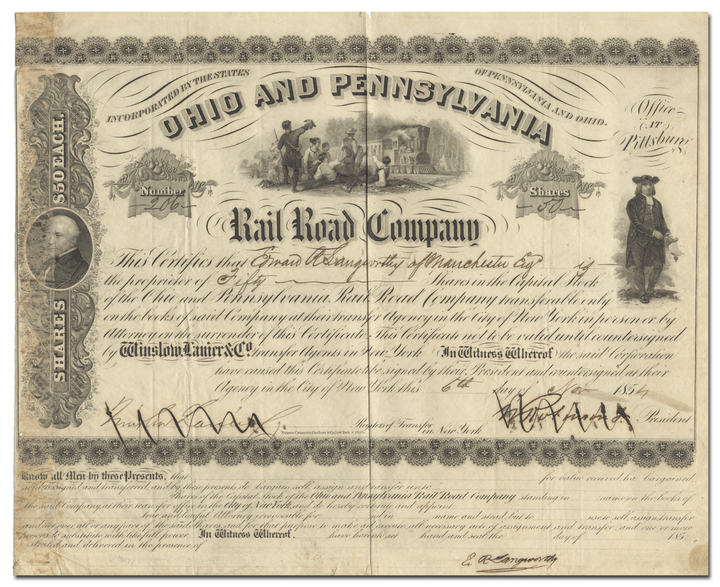 Ohio and Pennsylvania Rail Road Company Stock Certificate