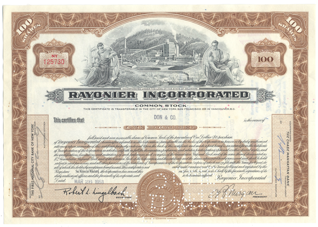 Rayonier Incorporated Stock Certificate