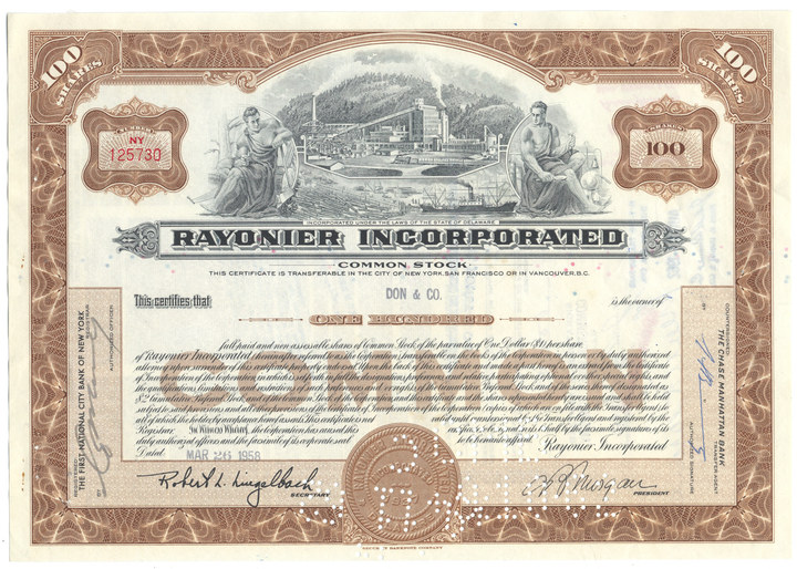 Rayonier Incorporated Stock Certificate