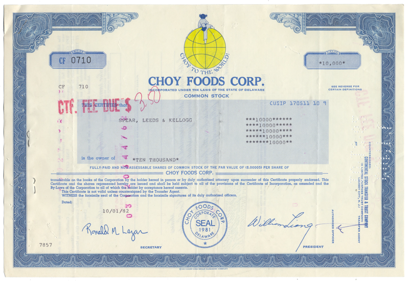 Choy Foods Corp. Stock Certificate